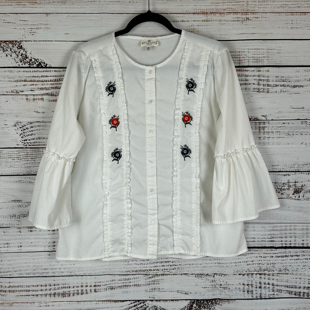 Grand & Greene White Button Front Blouse with Red & Black Floral Embroidery